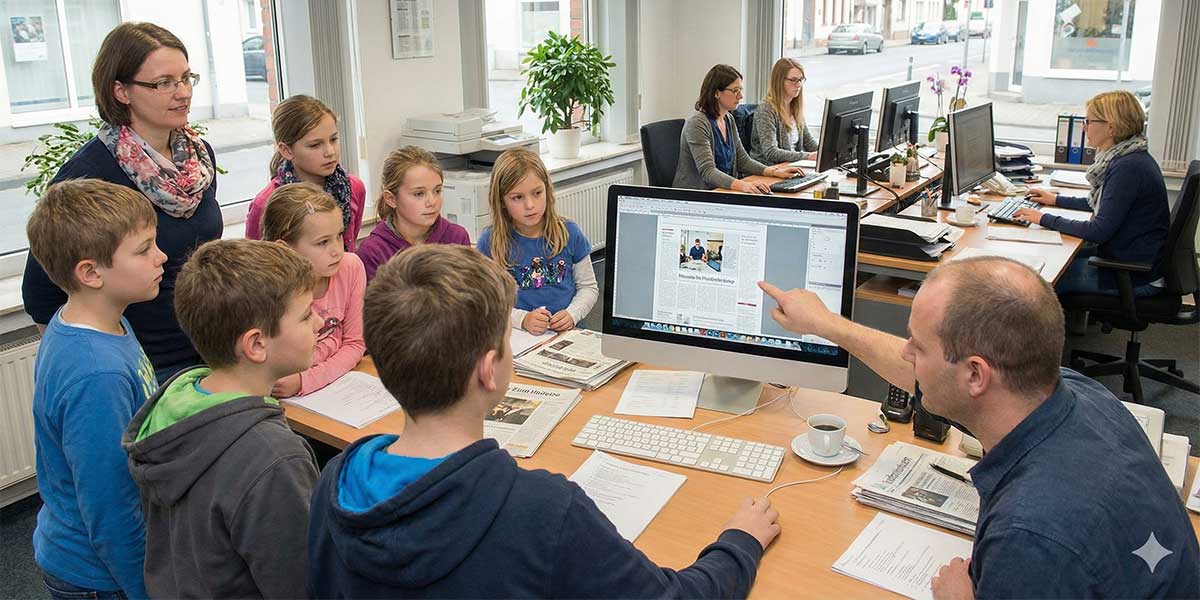 Eine Schulklasse besucht eine Zeitungsredaktion.
